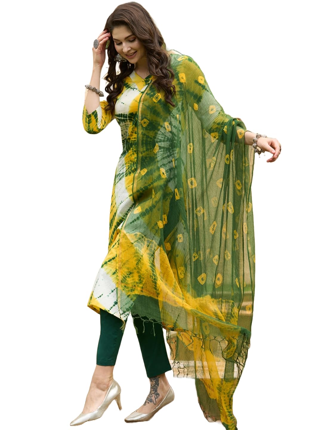Anni Designer Women'S Cotton Blend Straight Printed Kurta With Pant & Dupatta (Kerul Yellow_Xxl_Yellow_Xx-Large),Yellow,2XL