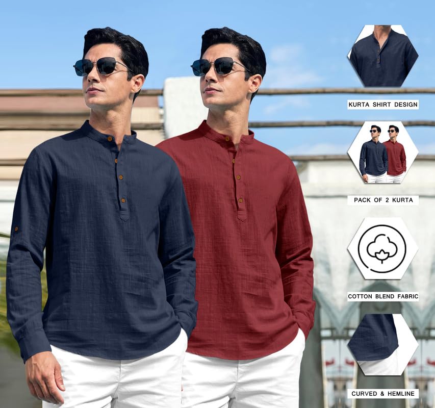 Royalscout Combo Of Men'S Solid Cotton Blend Full Sleeve Straight Kurta Shirt (Pack Of 2) Navy-Maroon