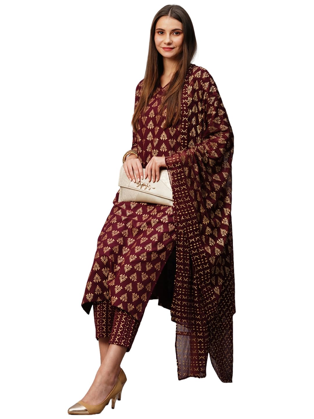 Anni Designer Women'S Cotton Blend Straight Printed Kurta With Pant & Dupatta (Mohmaya Brown_S_Brown_Small),Brown,S