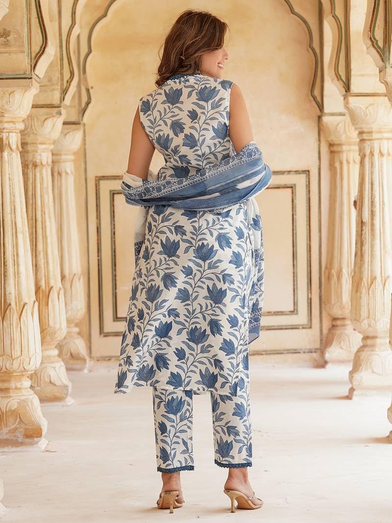 Anni Designer Women'S Cotton Blend Printed Straight Kurta With Pant & Dupatta (Root White-Nw_Xxl_White_Xx-Large),White,2XL,Cotton Blend,Regular,