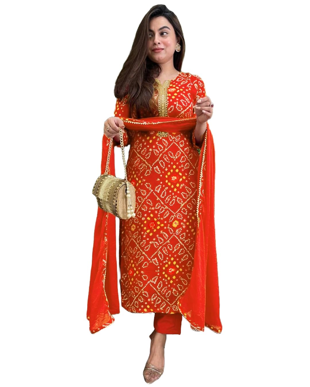 Anni Designer Women'S Rayon Blend Straight Bandhej Printed Kurta With Pant & Dupatta (Turae Orange_S_Orange_Small),Orange,S