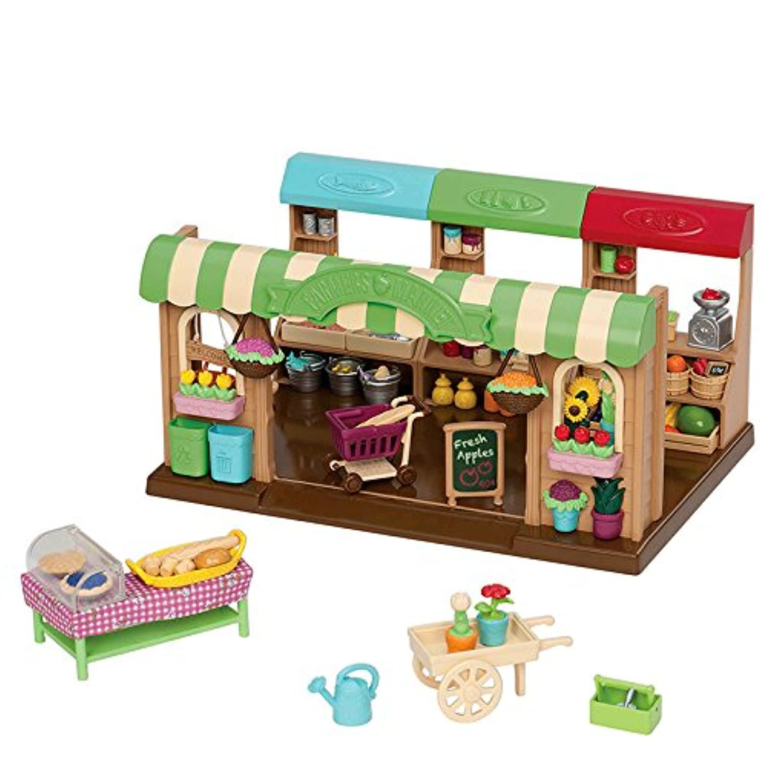 Li'l Woodzeez Store Playset - Hoppin' Farmers Market - 97pc Toy Market Set with Play Food and Shopping Accessories - Toys for Ki