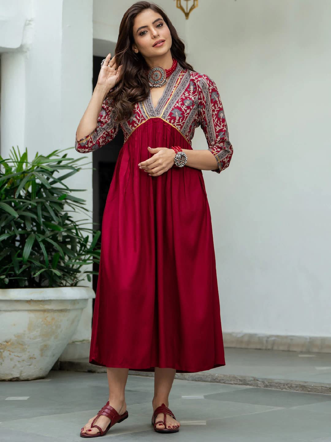 Gosriki Women'S Viscose Rayon Maroon & Grey Printed A-Line Dress (Ruh-Maroon-Dress_S-Gs_Maroon_Small),Maroon,,B0BRL5WRL5