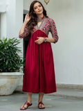Gosriki Women'S Viscose Rayon Maroon & Grey Printed A-Line Dress (Ruh-Maroon-Dress_S-Gs_Maroon_Small),Maroon,,B0BRL5WRL5