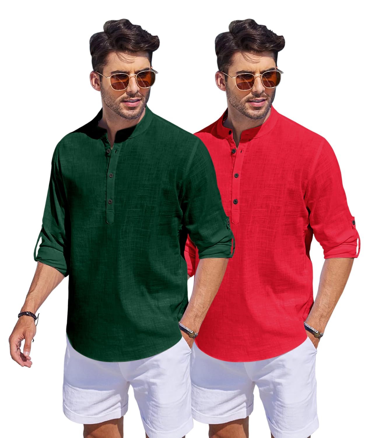 Bellstone Men'S Cotton Blend Solid Regular Fit Dress Shirt (Kurta1500_Combo_D Green & Red_L_Dark