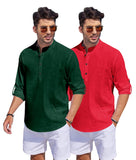 Bellstone Men'S Cotton Blend Solid Regular Fit Dress Shirt (Kurta1500_Combo_D Green & Red_Xl_Dark