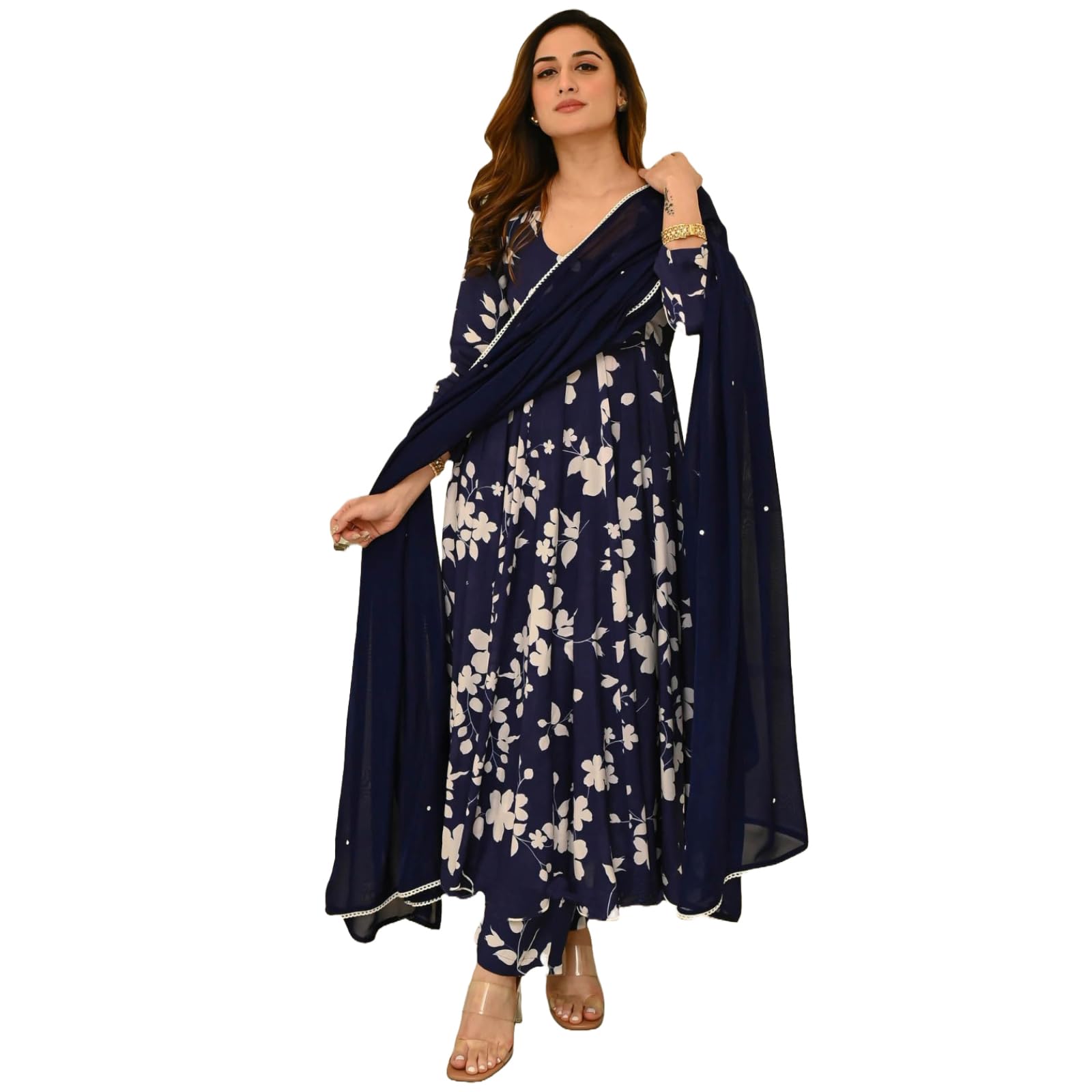 Anni Designer Women'S Rayon Blend Printed Anarkali Kurta With Pant & Dupatta (Kanodiya Blue_S_Blue_Small),Blue,S