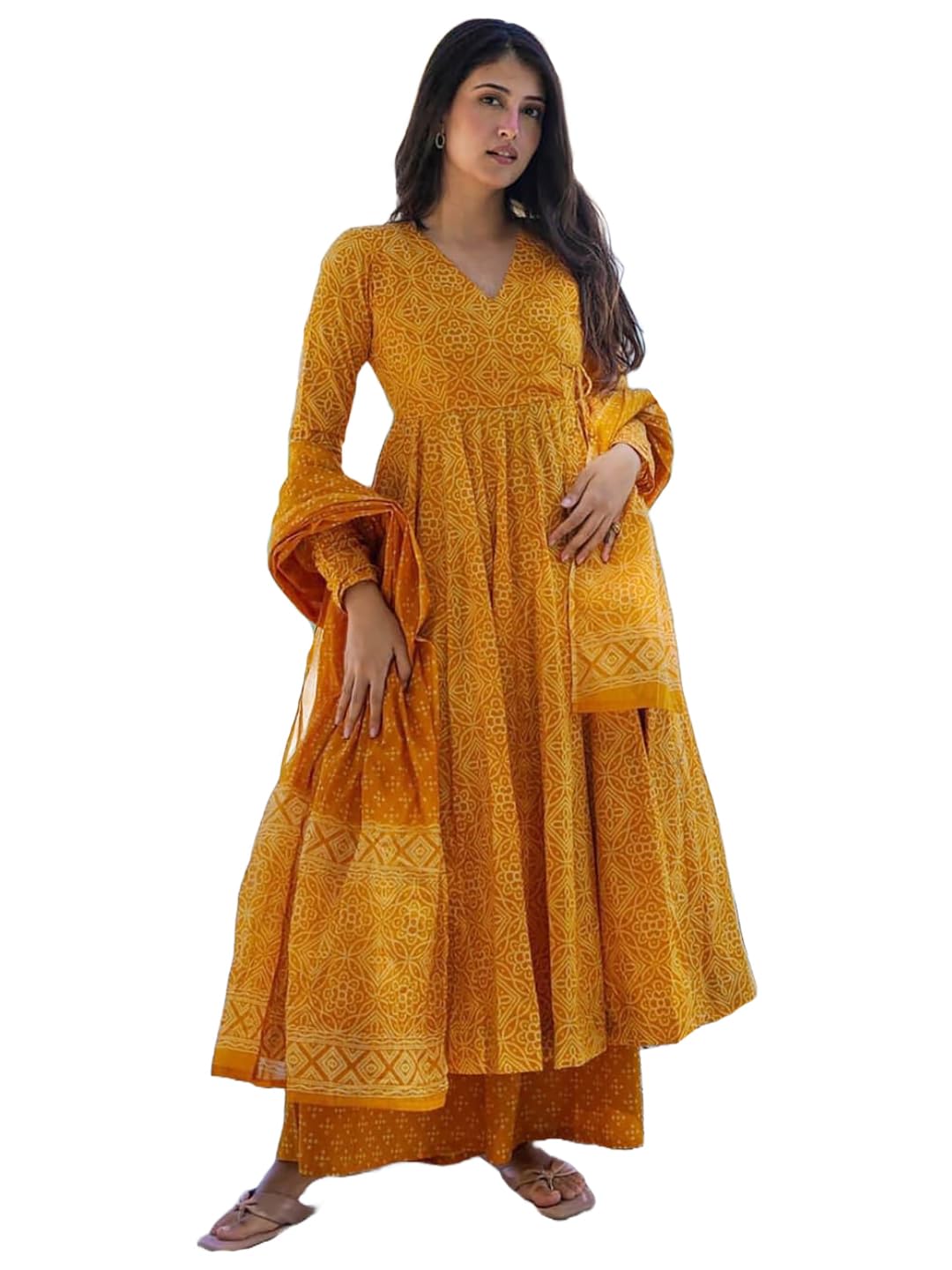 Anni Designer Women'S Rayon Viscose Anarkali Printed Kurta With Palazzo & Dupatta (Sinners Yellow_Xl_Yellow_X-Large),Yellow,XL