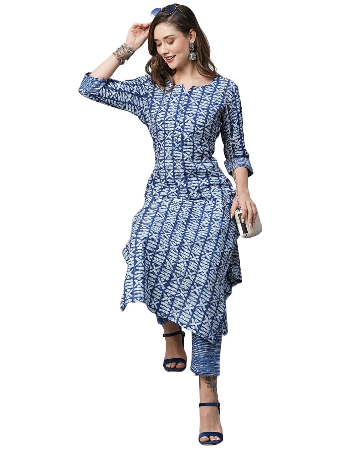 Anni Designer Women'S Cotton Blend Printed Straight Kurta With Pant (Ubika Blue_S_Blue_Small),Blue,S