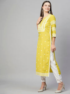 Anni Designer Women'S Cotton Blend Chikankari Embroidered Straight Kurta (Stho-Yellow_S_Yellow_Small),Yellow,S,Cotton Blend,Regular,Kurta