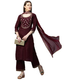 Gosriki Women'S Cotton Straight Kurta With Palazzo & Dupatta (Kpzd-Cot-10127-Maroon_Xl-Go_Maroon_X-Large),Maroon,,B09PDT29GH