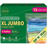 Seal Fresh 3 Gallon Large Plastic Storage Bags - 16 x 18 (15 Count) - Reusuable XXL Extra Large Heavy Duty Clear Jumbo Freezer Z