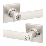 Kwikset Breton Entry Door Handle with Lock and Key, Secure Keyed Reversible Lever Exterior, For Front Entrance and Bedrooms, Sat