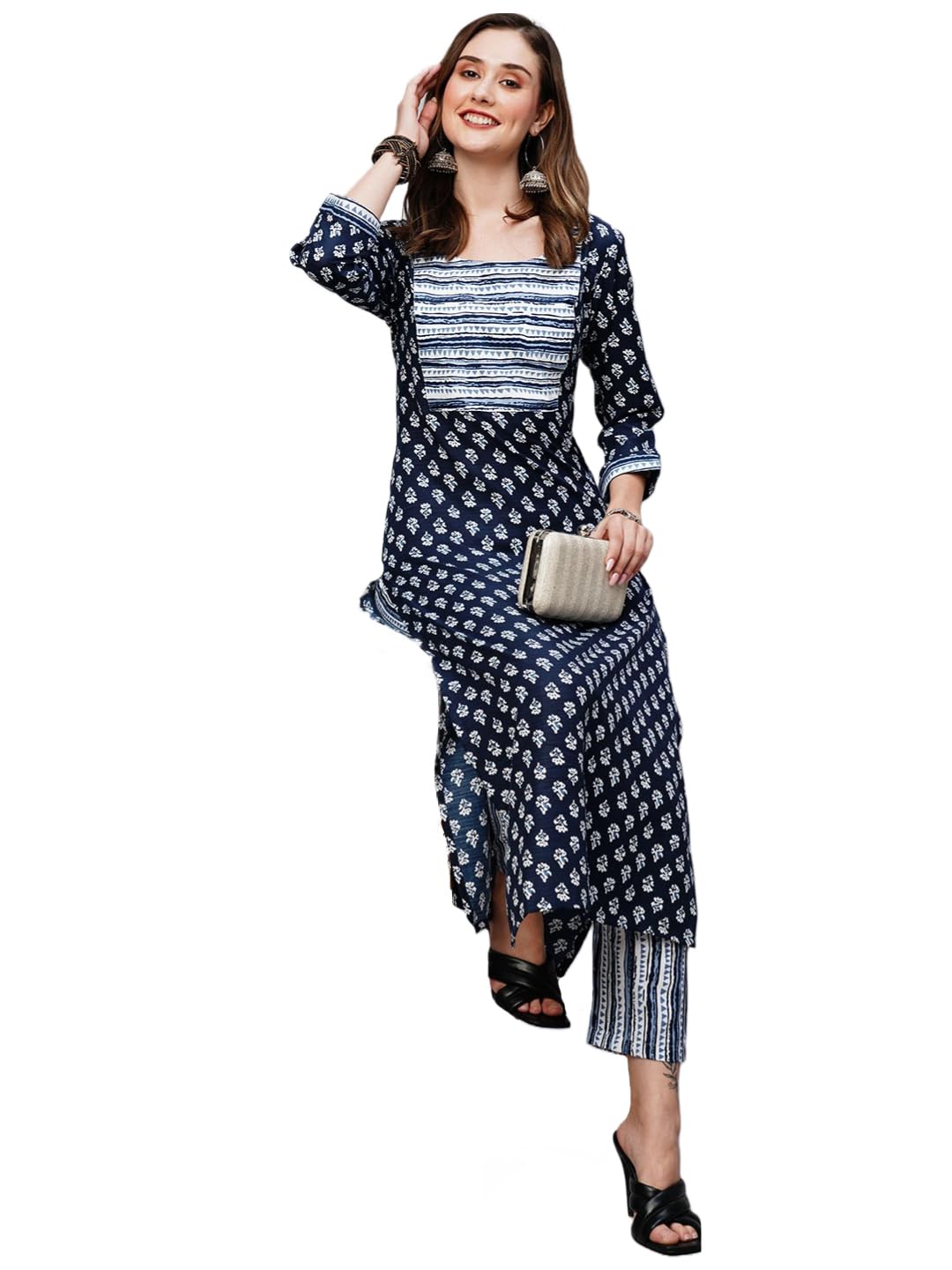 Anni Designer Women'S Cotton Blend Staright Printed Kurta With Pant (Kuhoo Blue-Knw_4Xl_Blue_Xxxx-Large),Blue,4XL