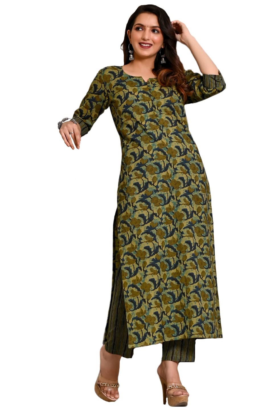 Gosriki Women'S Cotton Blend Printed Straight Kurta With Pant (Mangla Green-Snw-Gs_L_Green_Large),Green,,B0C5TGM7HH