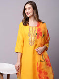 Anni Designer Women'S Cotton Blend Straight Embroidered Kurta With Pant & Dupatta (Gomti Yellow-Nw_Xl_Yellow_X-Large),Yellow,XL,,,