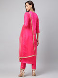 Anni Designer Women'S Cotton Blend Straight Embroidered Kurta With Pant & Dupatta (Dipika Rani_S_Pink_Small),Pink,S,Cotton Blend,Straight,Kurta, Scarf