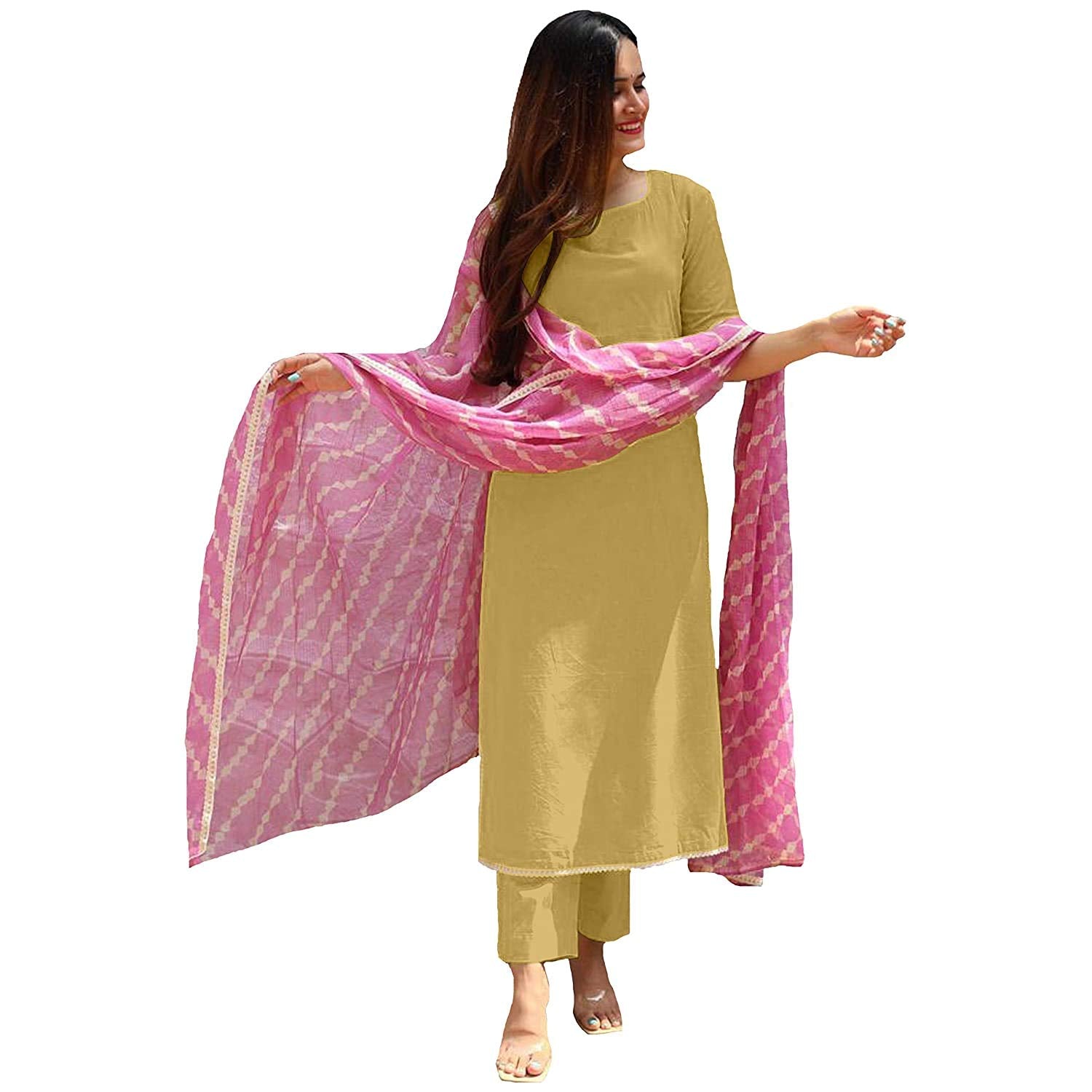 Anni Designer Women'S Cotton Leheria Printed Kurta And Palazzos & Dupatta Set (Chiku L) Beige,Beige,L