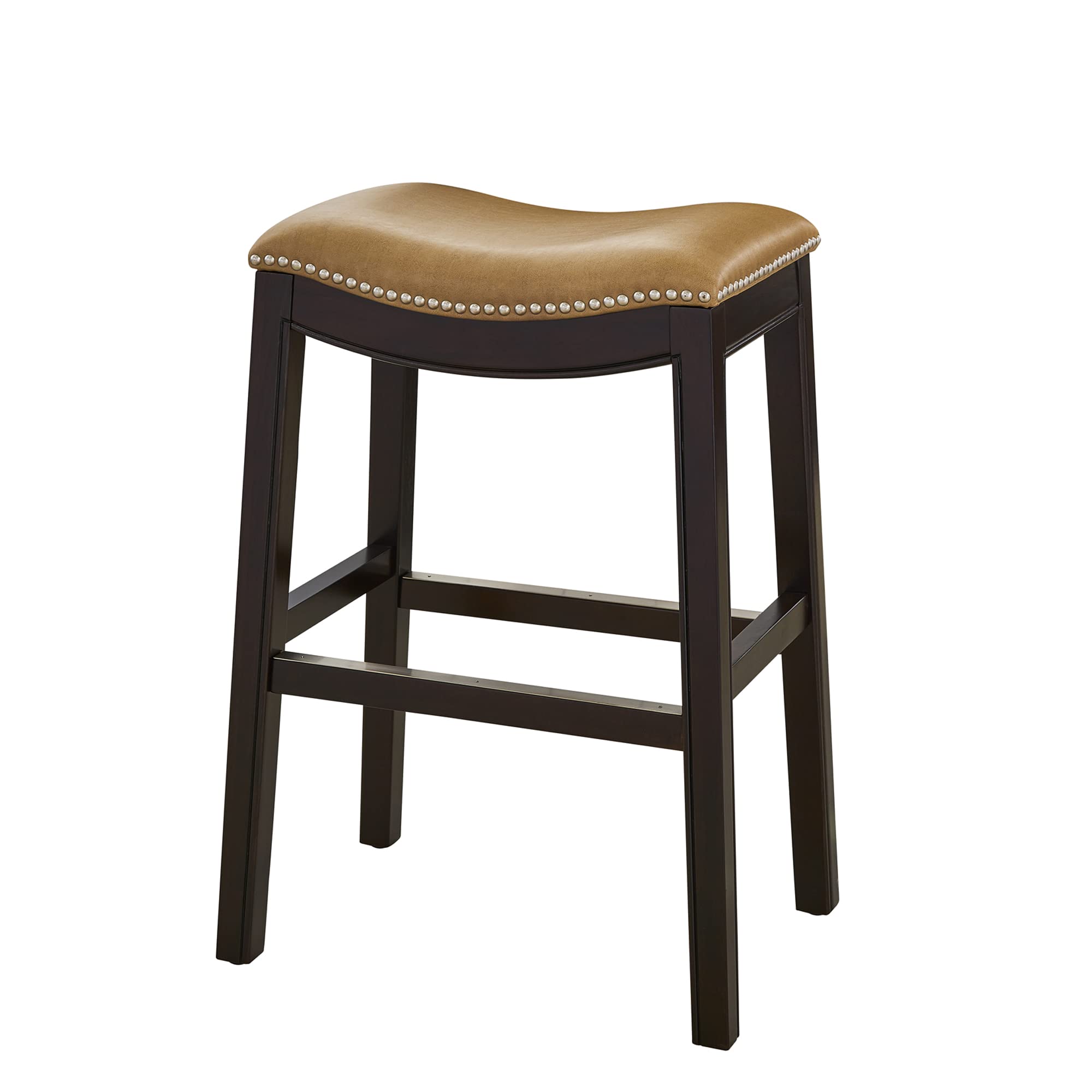 New Ridge Home Goods Julian 26In. Counter-Height Backless Wood Saddle-Seat Barstool, Espresso Frame With Tan Upholstered Seat