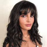 WIGNEE Human Hair Wig with Bangs 14 Inch Black Natural Wave Wig for Women