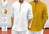 Royalscout Men'S Cotton Polyester Blend Solid Regular Fit Full Sleeve Short Kurta | Ethnic, Lightweight Summer Kurta For Daily & Occasion Use White-Gold
