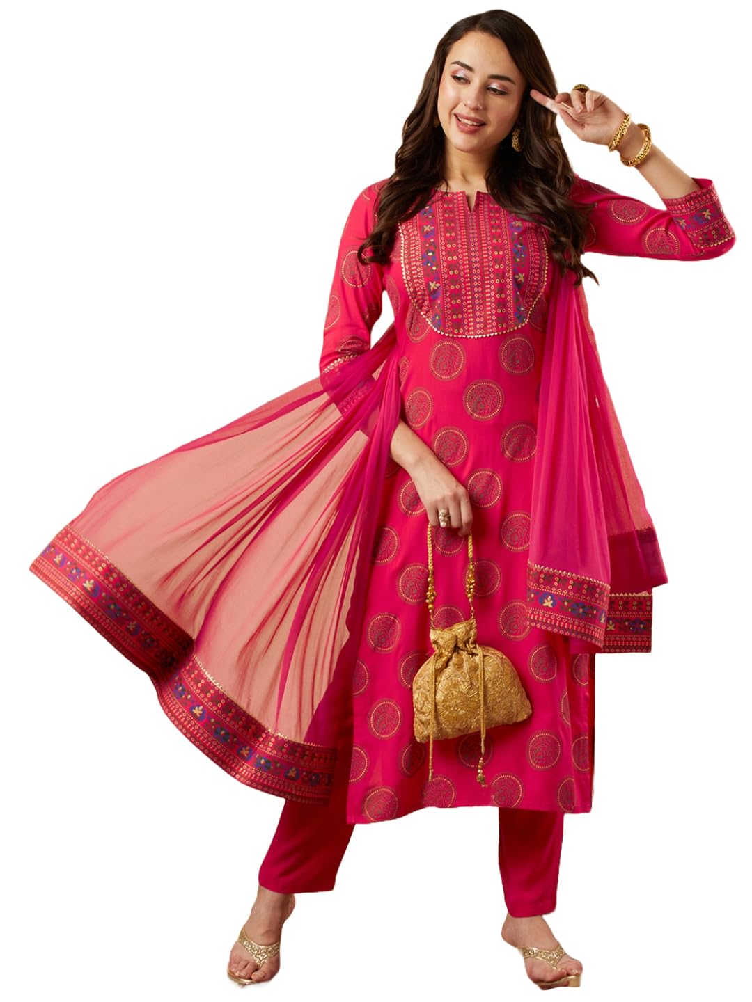 Anni Designer Women'S Cotton Blend Straight Printed Kurta With Pant & Dupatta (Nov-Pink-Nsw_M_Pink_Medium),Pink,M