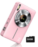 Camkory Digital Camera FHD 1080P with 32G Card 16X Zoom Easy for Kids Pink