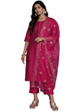 Libas Magenta Solid Silk Blend Straight Kurta With Trousers & Dupatta