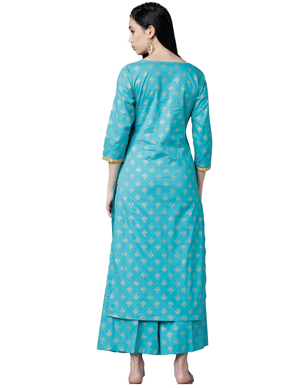 Anni Designer Women'S Cotton Foil Printed Straight Kurta With Palazzo (New-Turquoise_Xl_Cotton_X-Large),Turquoise Blue,XL,Cotton,Straight,Palazzo