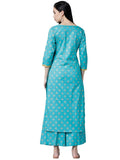 Anni Designer Women'S Cotton Foil Printed Straight Kurta With Palazzo (New-Turquoise_Xl_Cotton_X-Large),Turquoise Blue,XL,Cotton,Straight,Palazzo