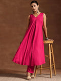 Libas Womens Woven Design Viscose A-Line Kurta With Trousers Pink Xl 36779