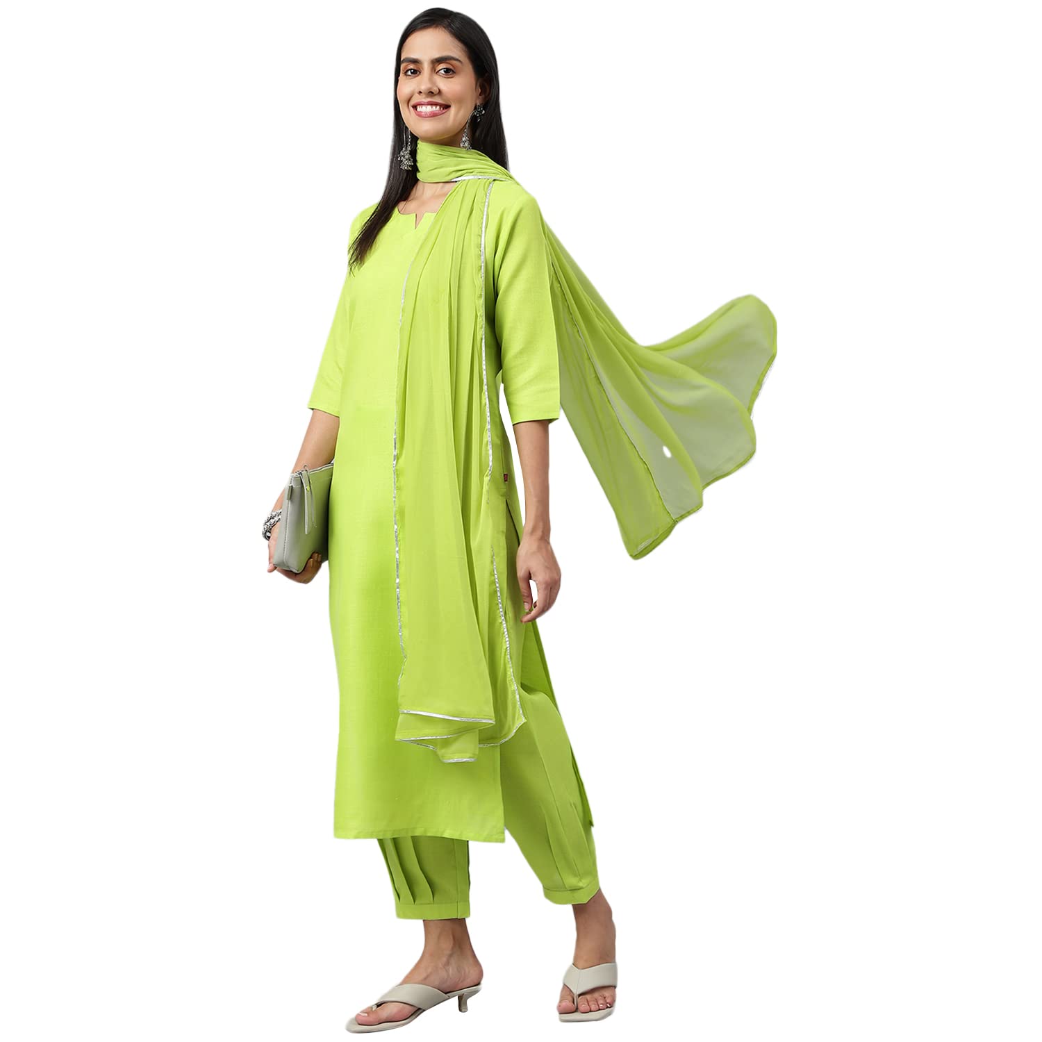 Anni Designer Women'S Cotton Blend Straight Solid Kurta With Pant & Dupatta (Jagu Green_Xxl_Green_Xx-Large),Green,2XL