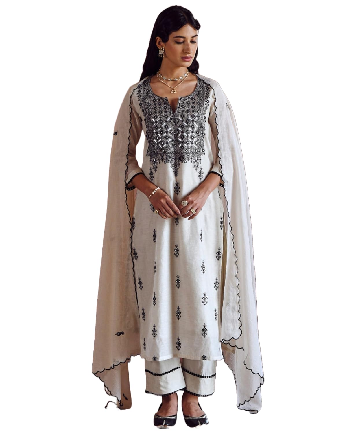 Anni Designer Women'S Rayon Blend Straight Embroidered Kurta With Pant & Dupatta (Thread White_S_White_Small),White,S