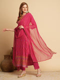 Anni Designer Women'S Cotton Blend Straight Printed Kurta With Pant & Dupatta (Kamita Pink_Xl_Pink_X-Large),Pink,XL,,,