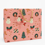 Mudrit Christmas Paper Gift Bags with Handles and Tags, Holiday Theme Pattern, 300 GSM Paper, 12 x 10 x 4 inches (Pink, Pack of