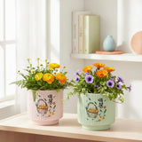 Xtore 2 Pc Elegant Botanical Ceramic Planter Pot For Indoor Plants & Desk Styling | Minimal Floral Printed Round Planter For Liv