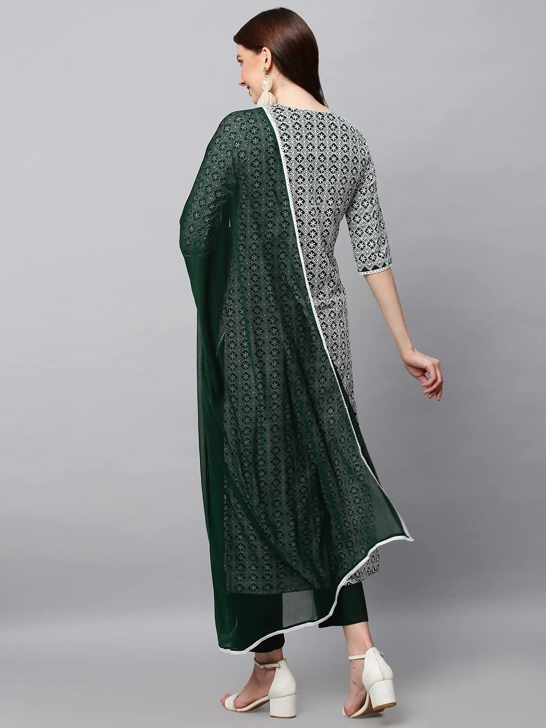 Anni Designer Women'S Cotton Blend Printed Straight Kurta With Pant & Dupatta (Karaga-Green_M_Green_Medium),Green,M,Cotton Blend,Regular,Dupatta