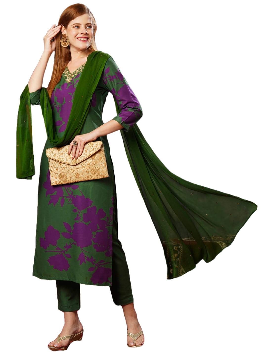 Anni Designer Women'S Cotton Blend Straight Printed Kurta With Pant & Dupatta (Protin-Green-Jl_S_Green_Small),Green,S,,,