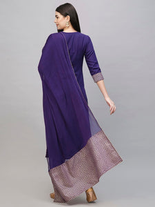 Gosriki Women'S Cotton Blend Straight Printed Kurta With Pant & Dupatta (Kiku Begani-Gs_S_Purple_Small),Purple,,B0CS613HJ8