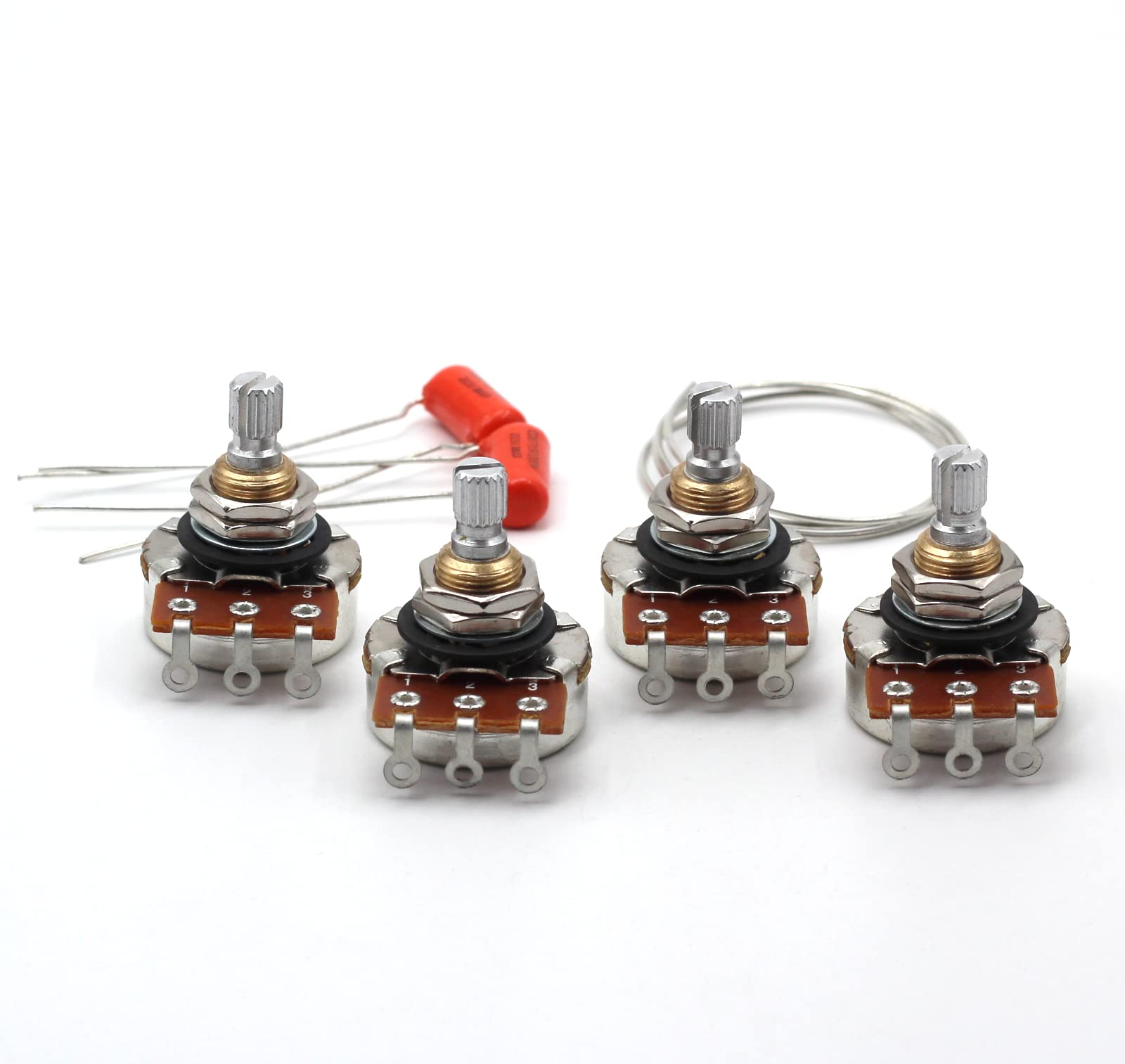 (4x) Bourns 500K SHORT SPLIT Shaft Audio Potentiometers + (2x) .022uf Orange Drop Capacitors - For Electric Guitar