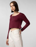 Fyltr Women'S Casual Scoop Neck Henley T-Shirt - Full Sleeves | Fitted Length,Berry Cherry,Berry Cherry,Xl