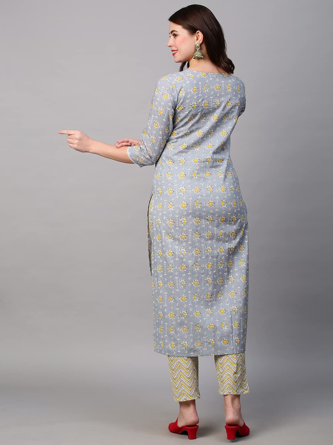 Anni Designer Women'S Cotton Blend Printed Straight Kurta With Pant (Mikaa Grey-Nwfb08_Xxl_Grey_Xx-Large),Grey,2XL,Cotton Blend,Regular,Pants