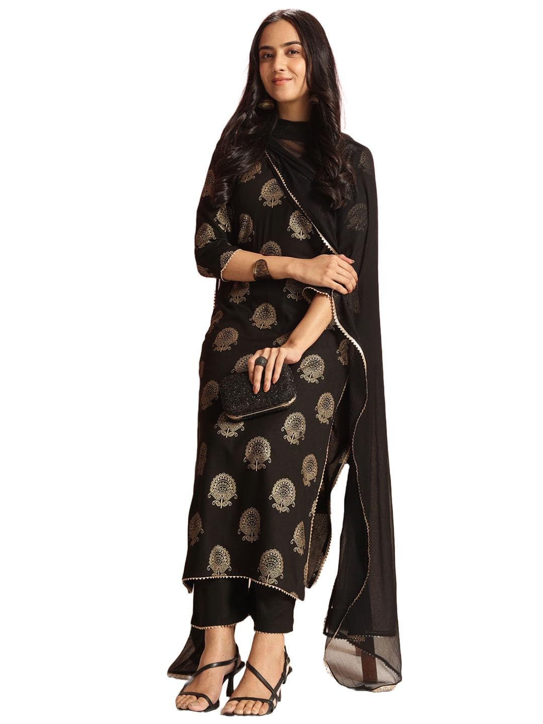 Anni Designer Women'S Rayon Blend Printed Straight Kurta With Pant & Dupatta (Jubal Black_Xl_Black_X-Large),Black,XL