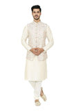 Manyavar Men's Silk Blend Other Kurta Pyjama with Waist Coat (JAST158_Cream_XL)