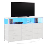Unionly 55W 10-Drawers Dresser with 2 Open Storage Shelves, TV Stand Dresser for 55,65 inch TV,with Power Outlets and LED Lights