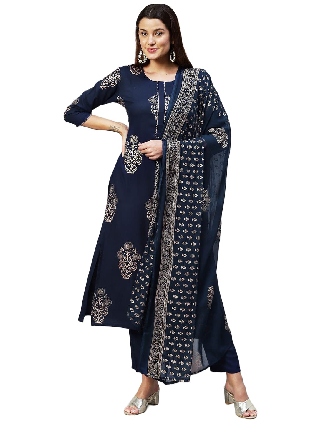 Anni Designer Women'S Cotton Blend Printed Straight Kurta With Pant & Dupatta (Radhu-Cerosin_Xl_Navy Blue_X-Large),Navy Blue,XL