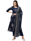 Anni Designer Women'S Cotton Blend Printed Straight Kurta With Pant & Dupatta (Radhu-Cerosin_Xl_Navy Blue_X-Large),Navy Blue,XL