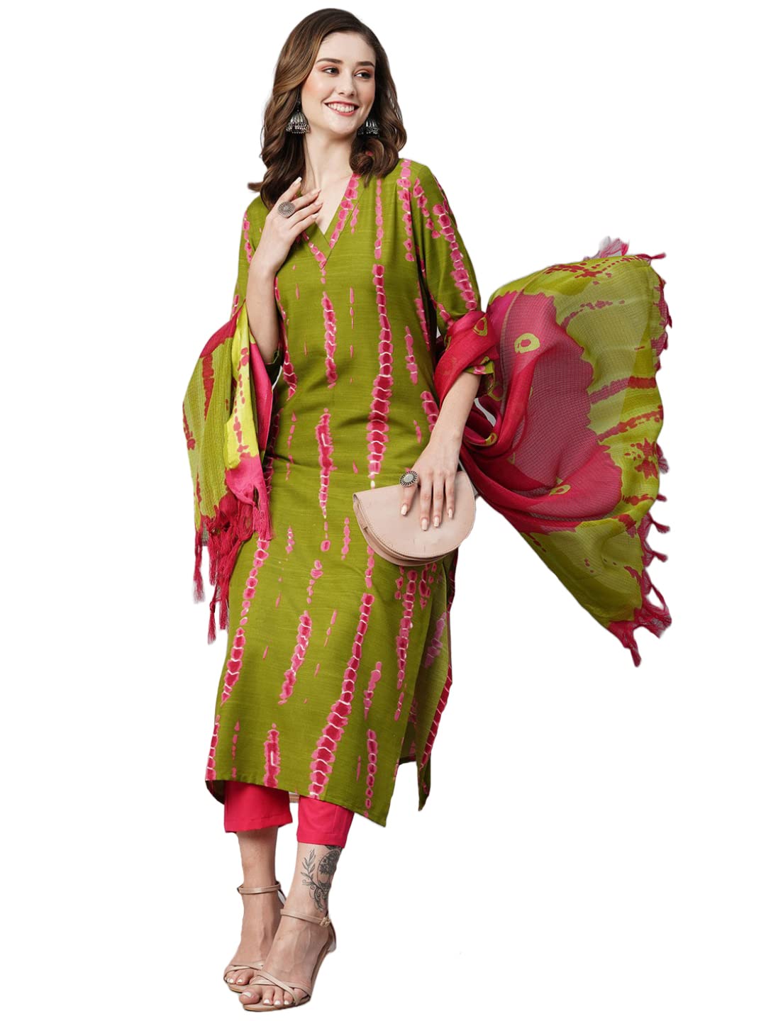 Anni Designer Women'S Cotton Blend Straight Printed Kurta With Pant & Dupatta (Sibori Methi-Ks_Xl_Green_X-Large),Green,XL