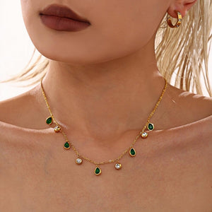 Gold Teardrop Zircon Necklace for Women Green & White Gem Dangle Charm 18K Gold-Plated Stainless Steel Chain 15.7''+2.7'' Adj