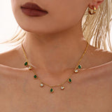 Gold Teardrop Zircon Necklace for Women Green & White Gem Dangle Charm 18K Gold-Plated Stainless Steel Chain 15.7''+2.7'' Adj